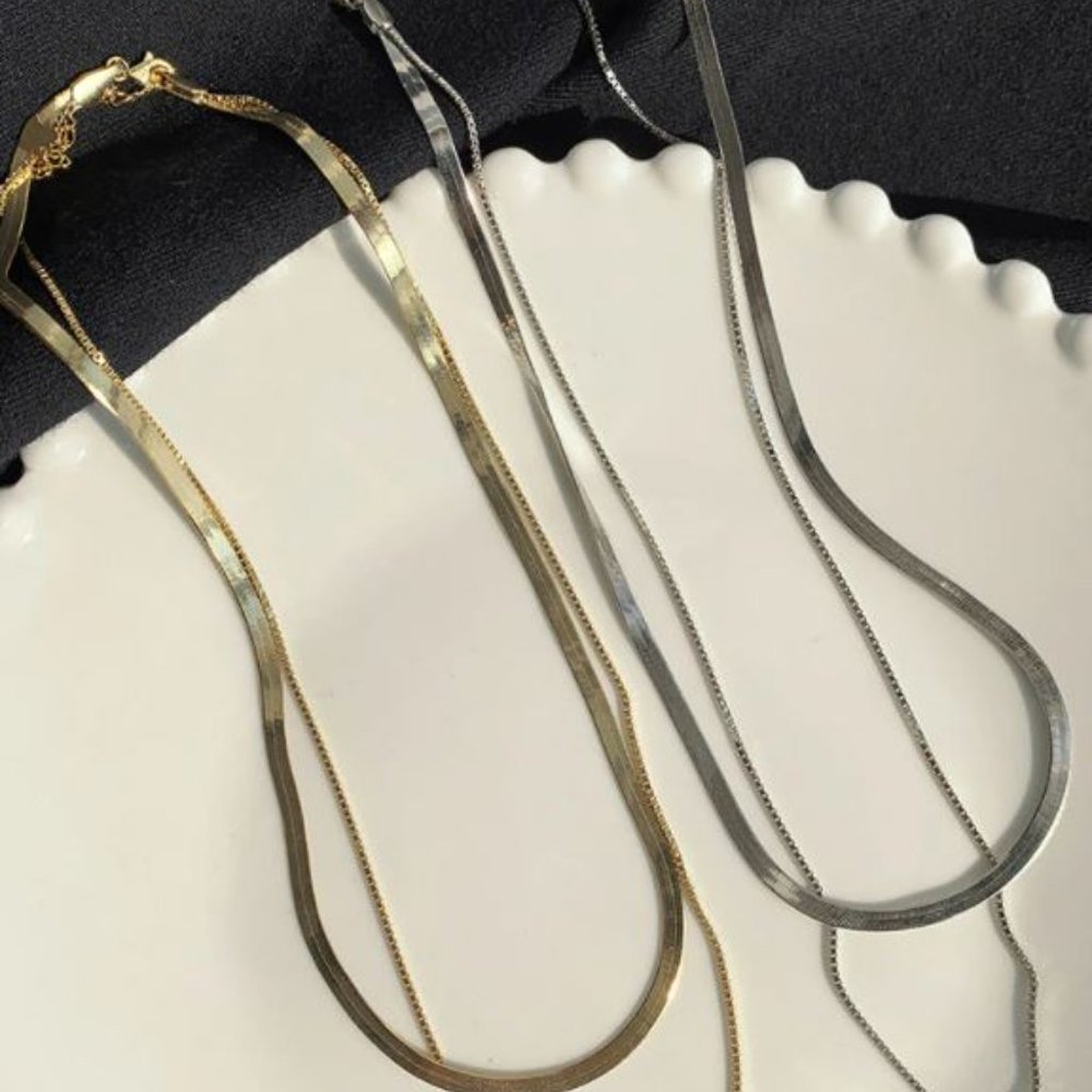 Silver Snakechain Layered Herringbone Necklace - Picture 2 of 8